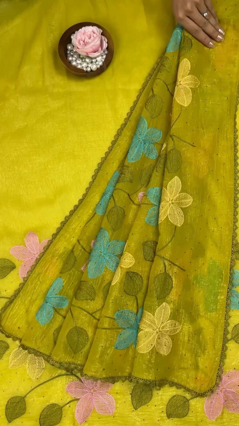Floral Embroidered Organza Saree with Scalloped Border – Available in Lavender, Lime Green, Mustard, Teal, Pink & White