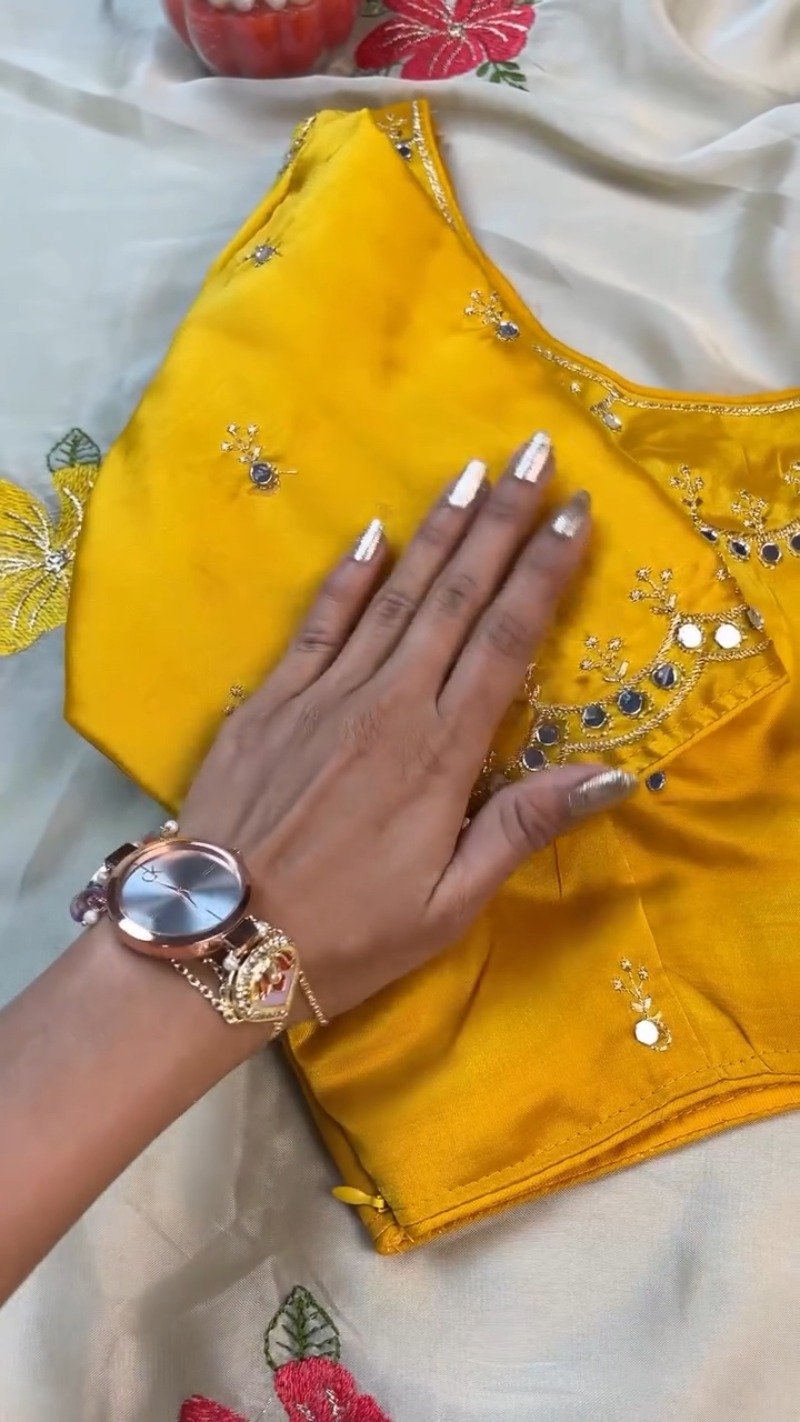 Sunshine Yellow Blouse with Floral Embroidered Saree – Available in Yellow & Floral Multi