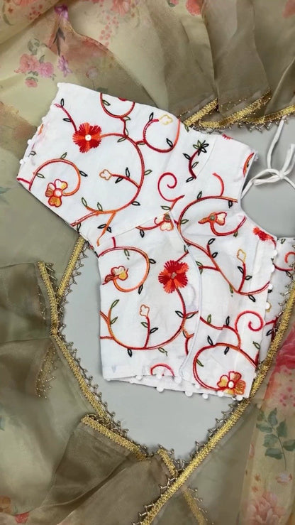 Floral Embroidered White Organza Blouse and Saree Set – Elegance Redefined