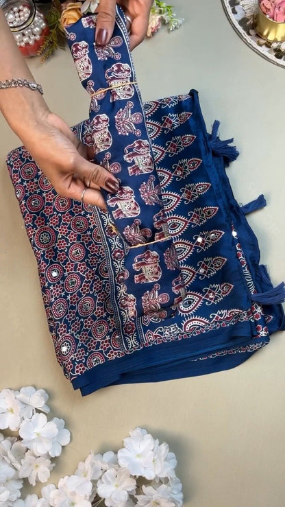 Royal Blue Elephant Motifs Ethnic Saree with Mirror Work Detailing