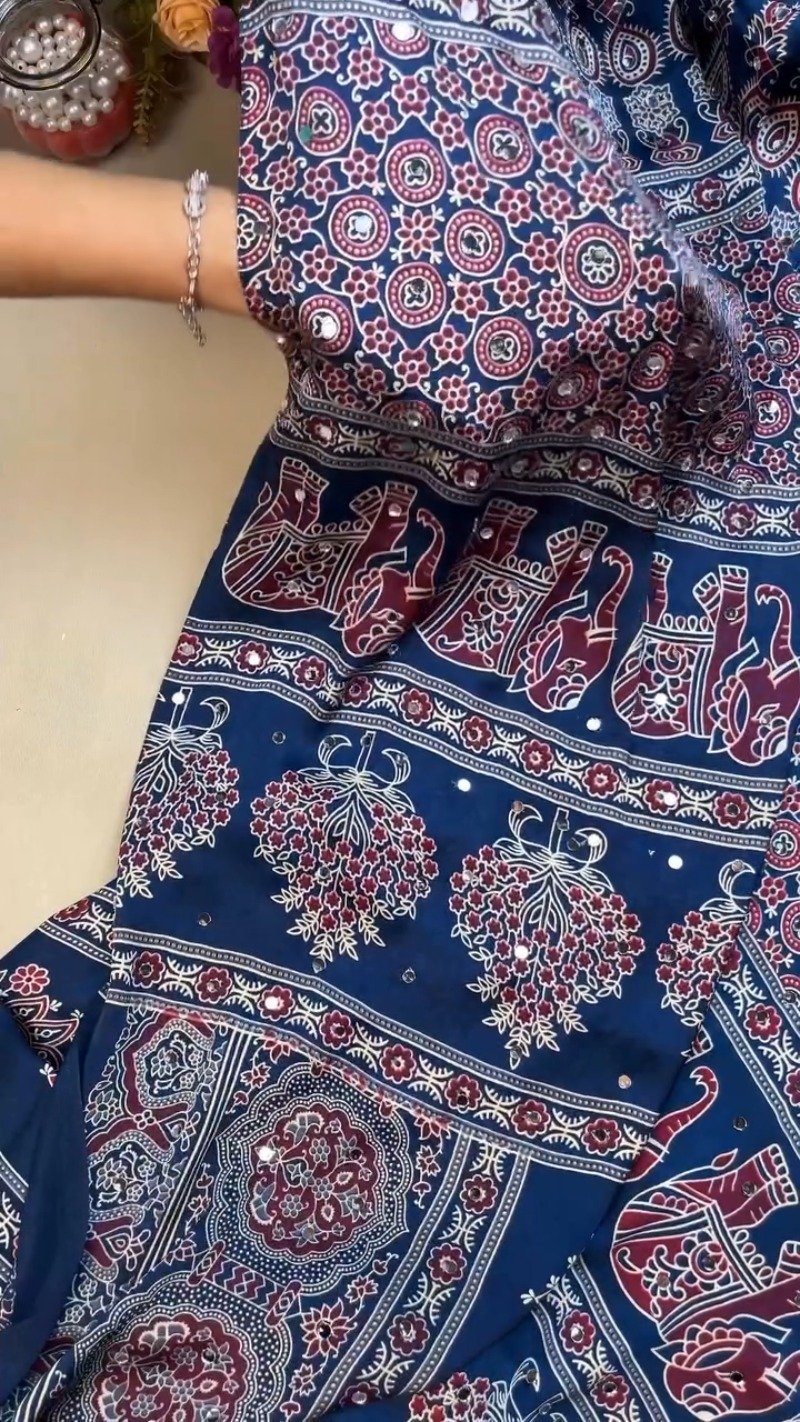 Royal Blue Elephant Motifs Ethnic Saree with Mirror Work Detailing
