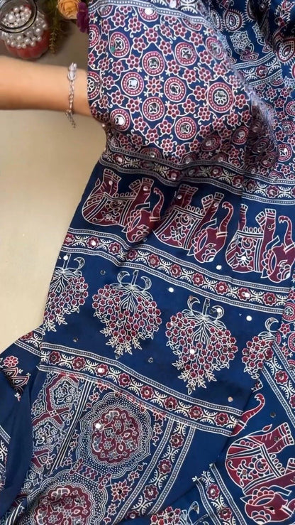 Royal Blue Elephant Motifs Ethnic Saree with Mirror Work Detailing