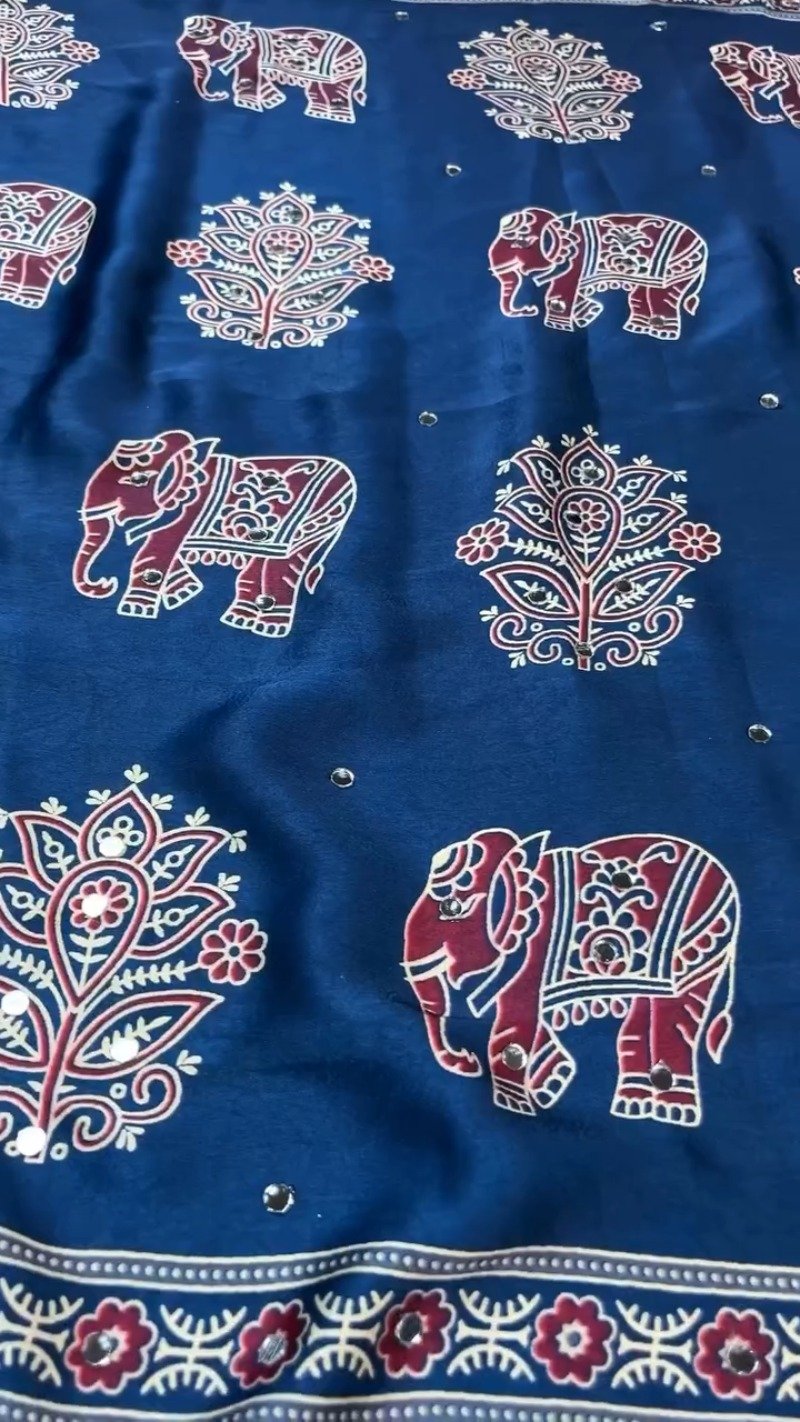 Royal Blue Elephant Motifs Ethnic Saree with Mirror Work Detailing