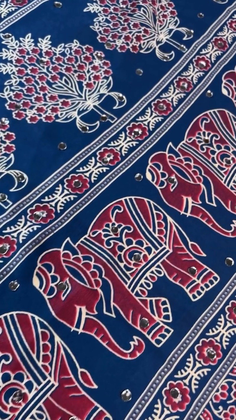 Royal Blue Elephant Motifs Ethnic Saree with Mirror Work Detailing