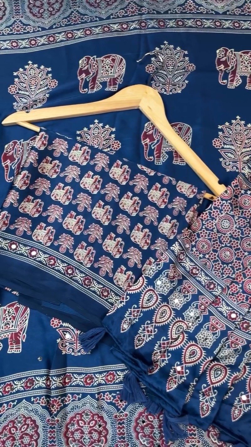 Royal Blue Elephant Motifs Ethnic Saree with Mirror Work Detailing