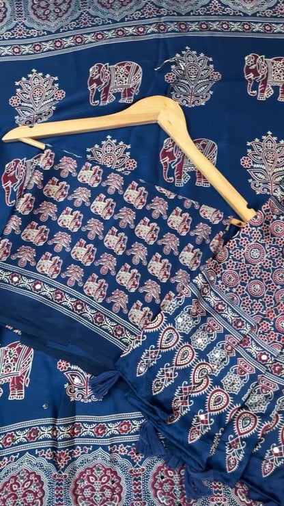 Royal Blue Elephant Motifs Ethnic Saree with Mirror Work Detailing
