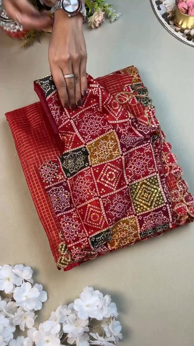Scarlet Red Bandhani Appliqué Chanderi Saree with Embellished Border