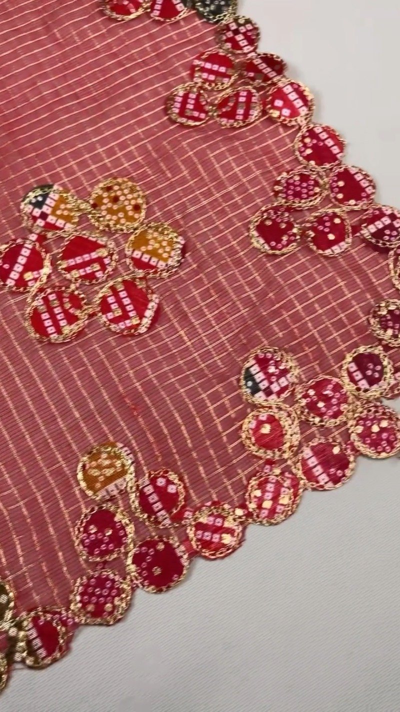 Scarlet Red Bandhani Appliqué Chanderi Saree with Embellished Border