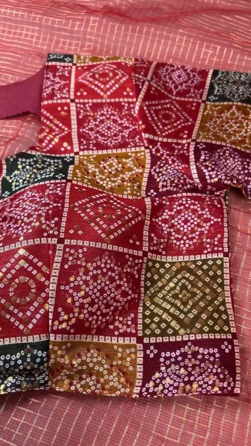 Scarlet Red Bandhani Appliqué Chanderi Saree with Embellished Border