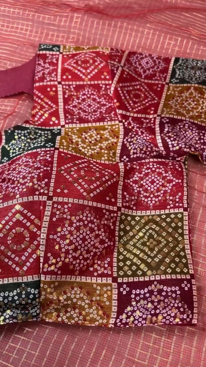 Scarlet Red Bandhani Appliqué Chanderi Saree with Embellished Border