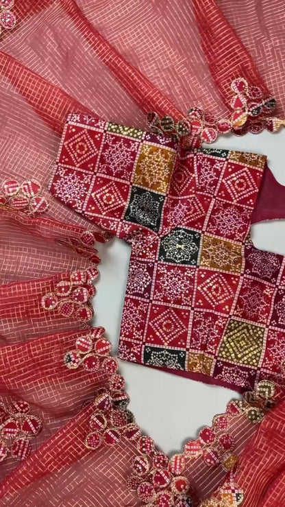 Scarlet Red Bandhani Appliqué Chanderi Saree with Embellished Border