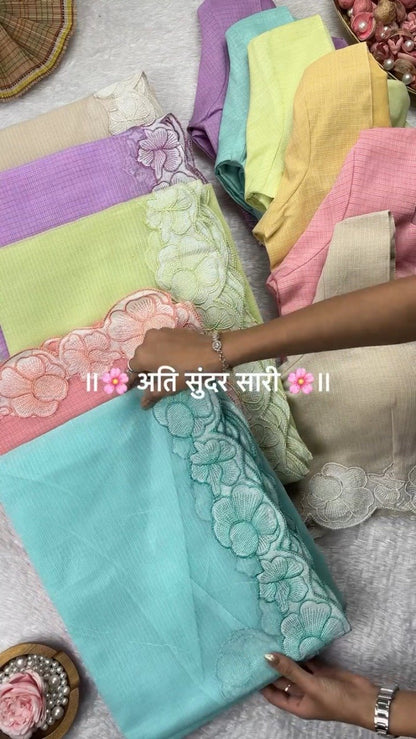 Pastel Floral Scalloped Border Saree with Matching Embroidered Blouse – Available in Lavender, Peach, Teal, Lemon & Beige