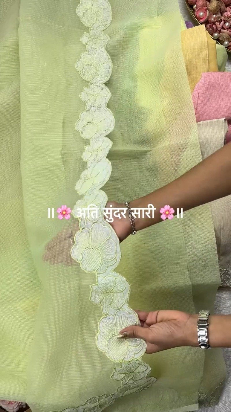 Pastel Floral Scalloped Border Saree with Matching Embroidered Blouse – Available in Lavender, Peach, Teal, Lemon & Beige