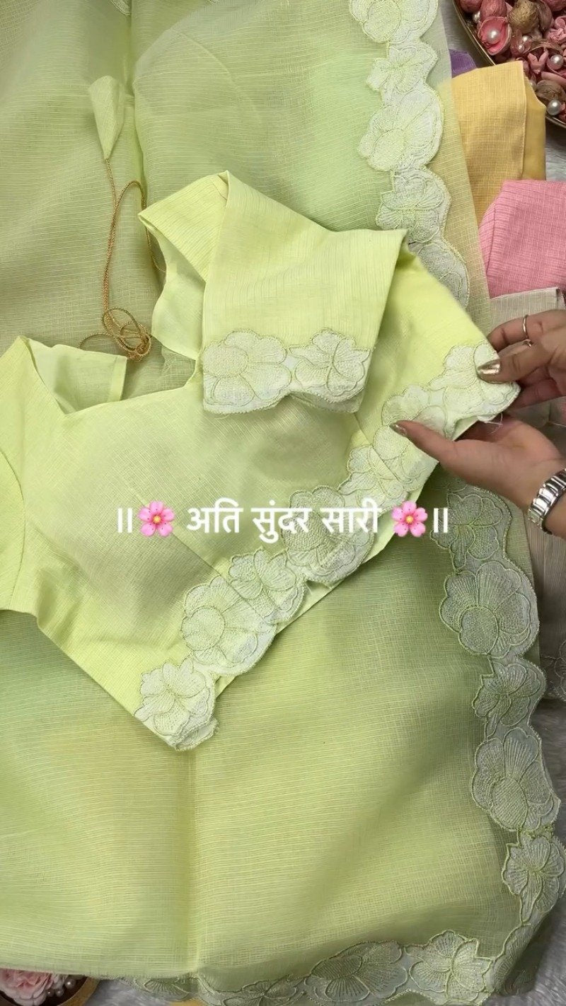 Pastel Floral Scalloped Border Saree with Matching Embroidered Blouse – Available in Lavender, Peach, Teal, Lemon & Beige