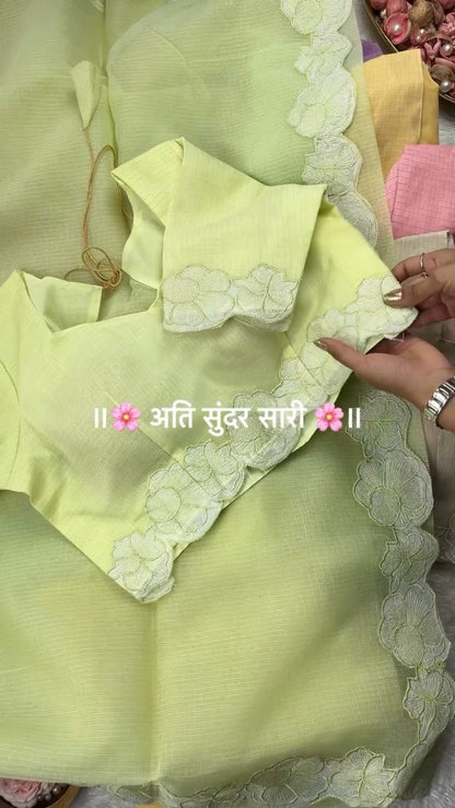 Pastel Floral Scalloped Border Saree with Matching Embroidered Blouse – Available in Lavender, Peach, Teal, Lemon & Beige