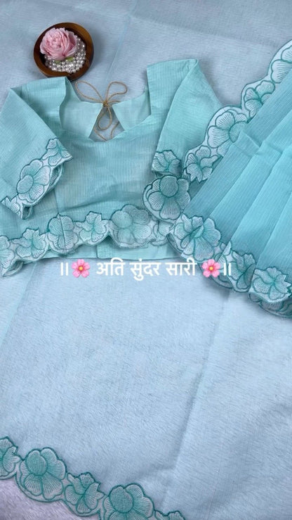 Pastel Floral Scalloped Border Saree with Matching Embroidered Blouse – Available in Lavender, Peach, Teal, Lemon & Beige