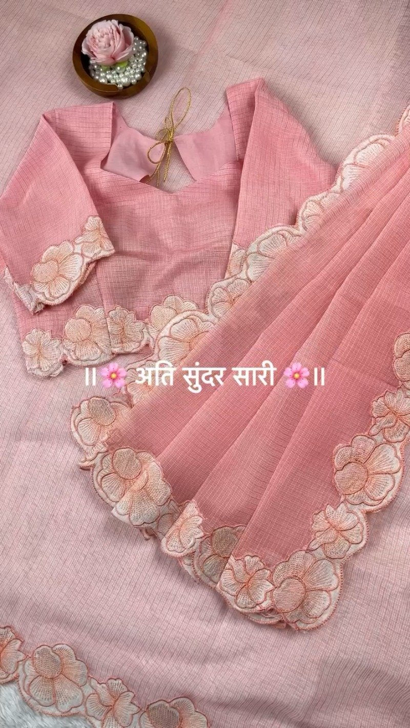 Pastel Floral Scalloped Border Saree with Matching Embroidered Blouse – Available in Lavender, Peach, Teal, Lemon & Beige