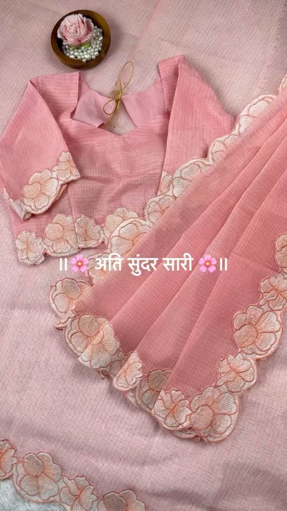 Pastel Floral Scalloped Border Saree with Matching Embroidered Blouse – Available in Lavender, Peach, Teal, Lemon & Beige