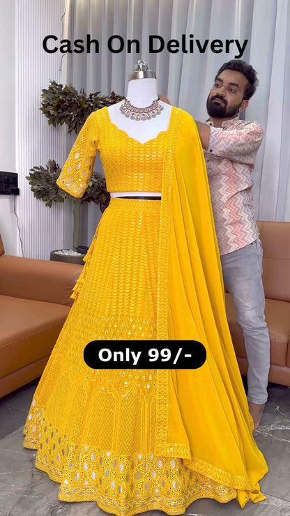 Yellow color Designer Embroidery & Mirror work Lehenga choli for Haldi Function