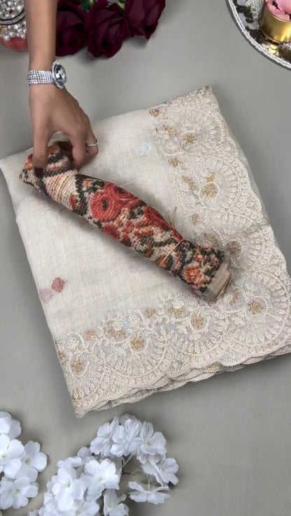 Ethereal Cream Floral Embroidered Linen Saree – A Masterpiece of Grace
