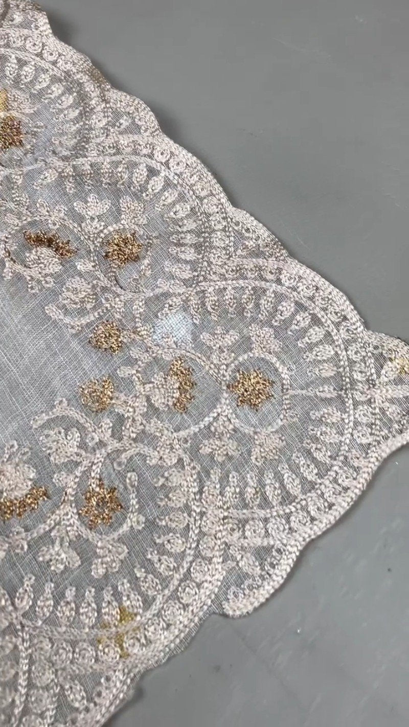 Ethereal Cream Floral Embroidered Linen Saree – A Masterpiece of Grace