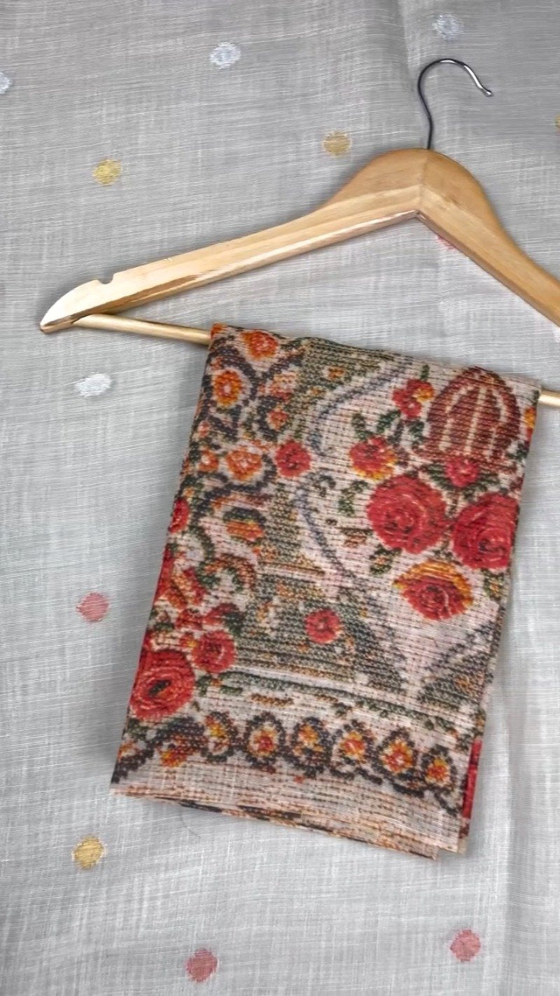 Ethereal Cream Floral Embroidered Linen Saree – A Masterpiece of Grace