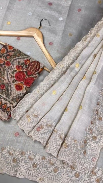 Ethereal Cream Floral Embroidered Linen Saree – A Masterpiece of Grace