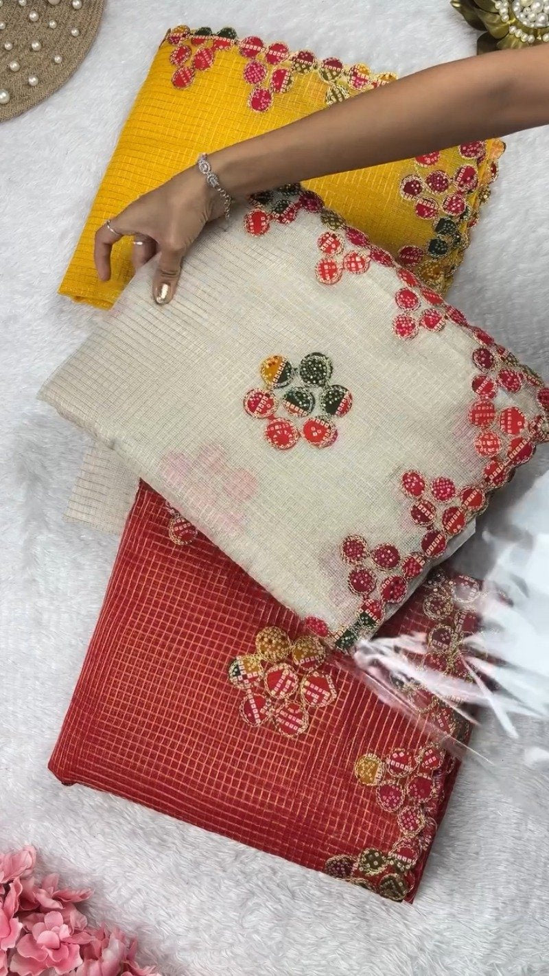 Bandhani Art Border Organza Saree Set – Available in Cream, Yellow & Red