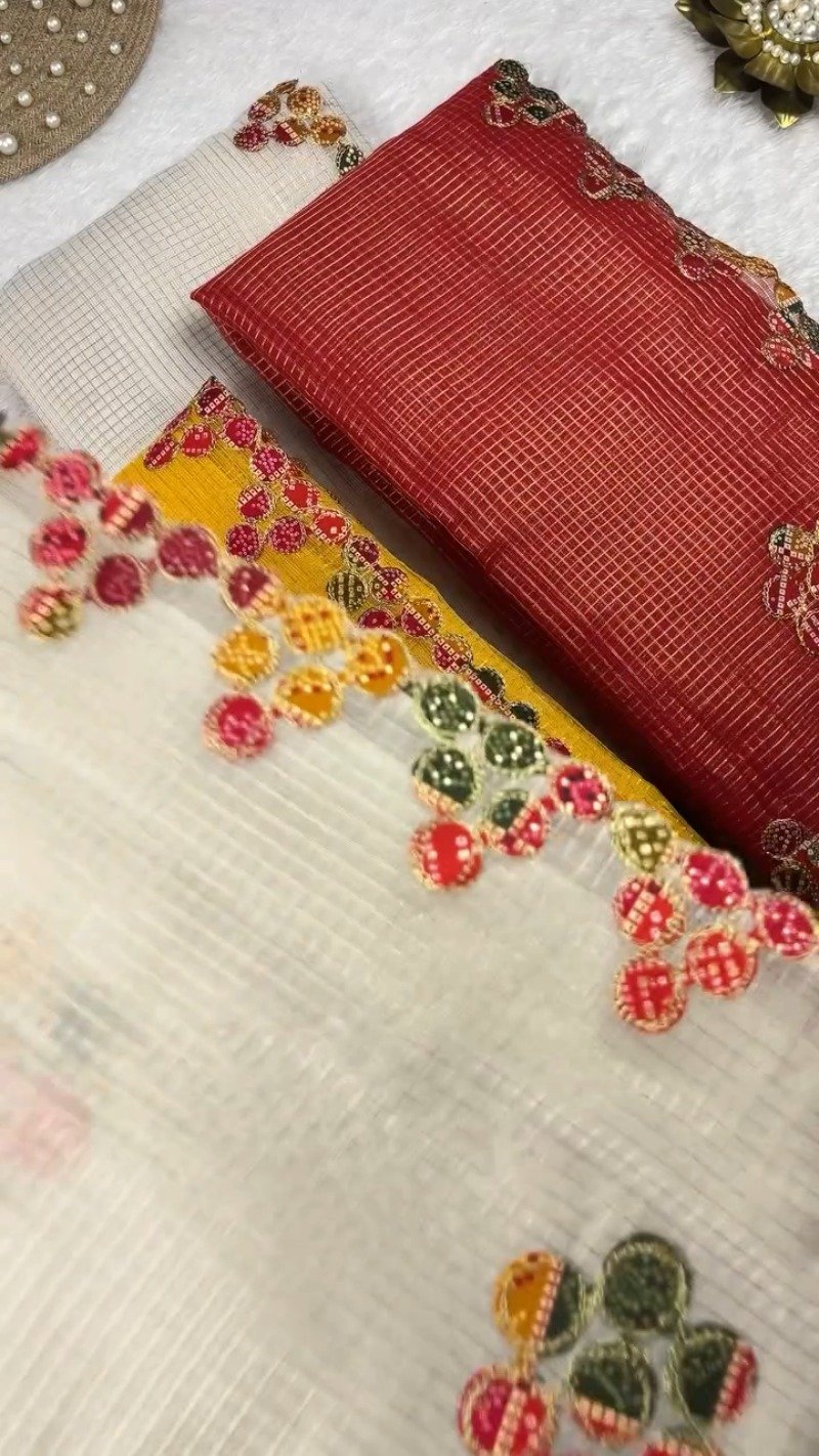 Bandhani Art Border Organza Saree Set – Available in Cream, Yellow & Red