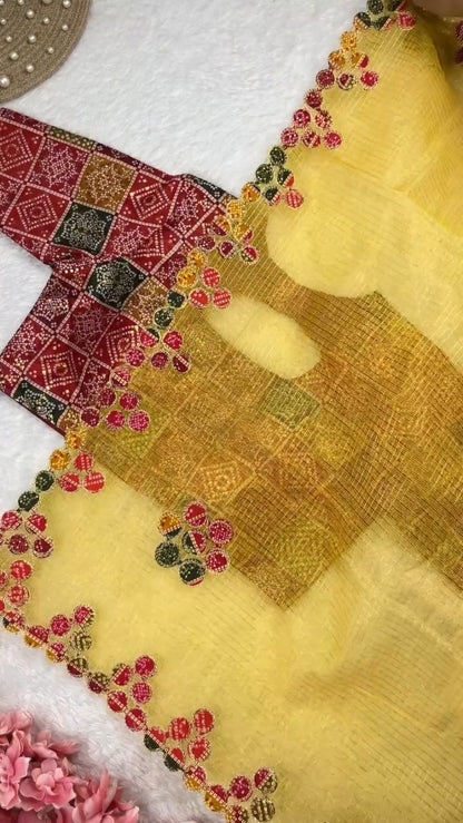Bandhani Art Border Organza Saree Set – Available in Cream, Yellow & Red