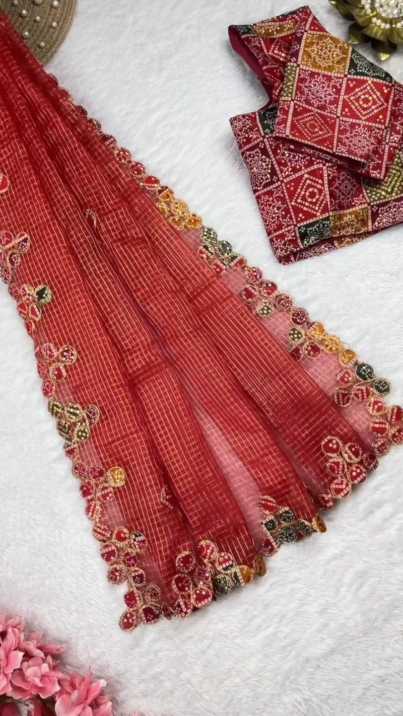 Bandhani Art Border Organza Saree Set – Available in Cream, Yellow & Red