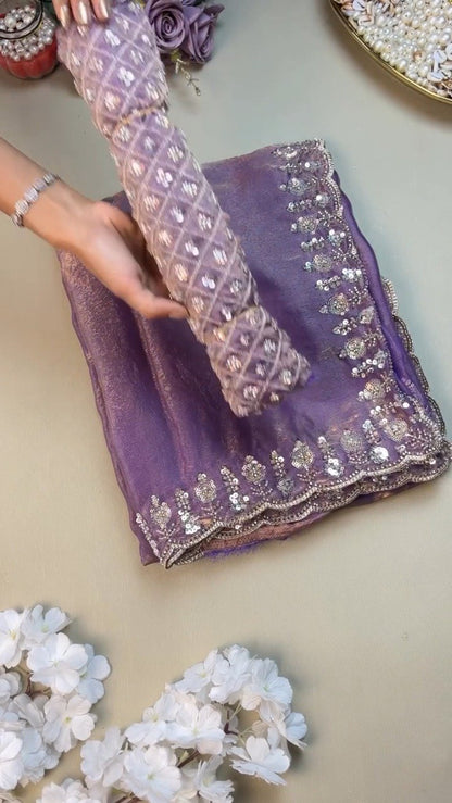 Enchanting Lavender Organza Saree with Intricate Sequin Embellishments