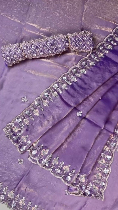 Enchanting Lavender Organza Saree with Intricate Sequin Embellishments