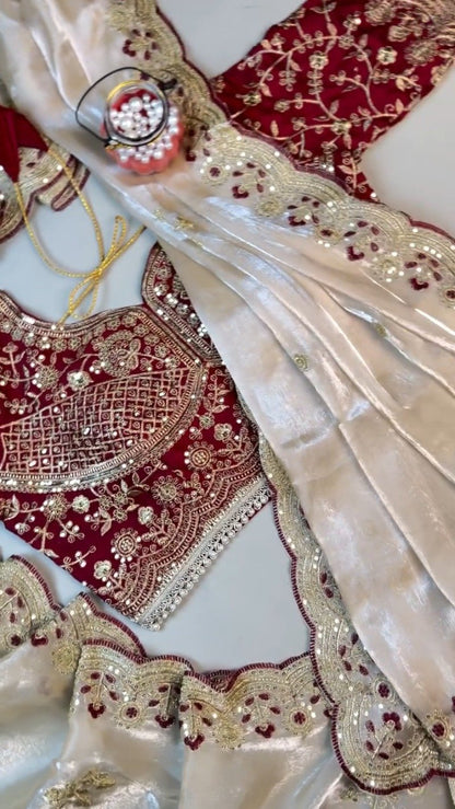 Regal Crimson & Cream Embroidered Lehenga Set – Featuring Intricate Zardosi Craftsmanship