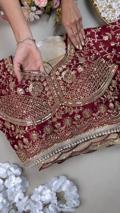 Regal Crimson & Cream Embroidered Lehenga Set – Featuring Intricate Zardosi Craftsmanship