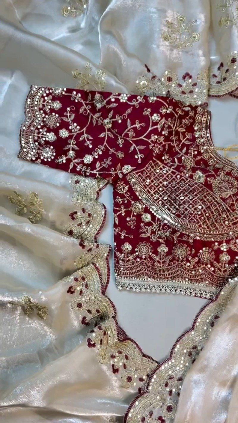 Regal Crimson & Cream Embroidered Lehenga Set – Featuring Intricate Zardosi Craftsmanship