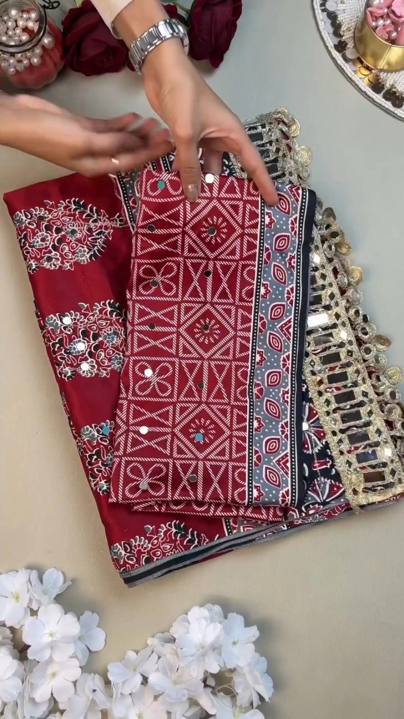 Regal Mirror-Work Ethnic Ensemble in Crimson & Ebony – Available in Dual-Tone Prints