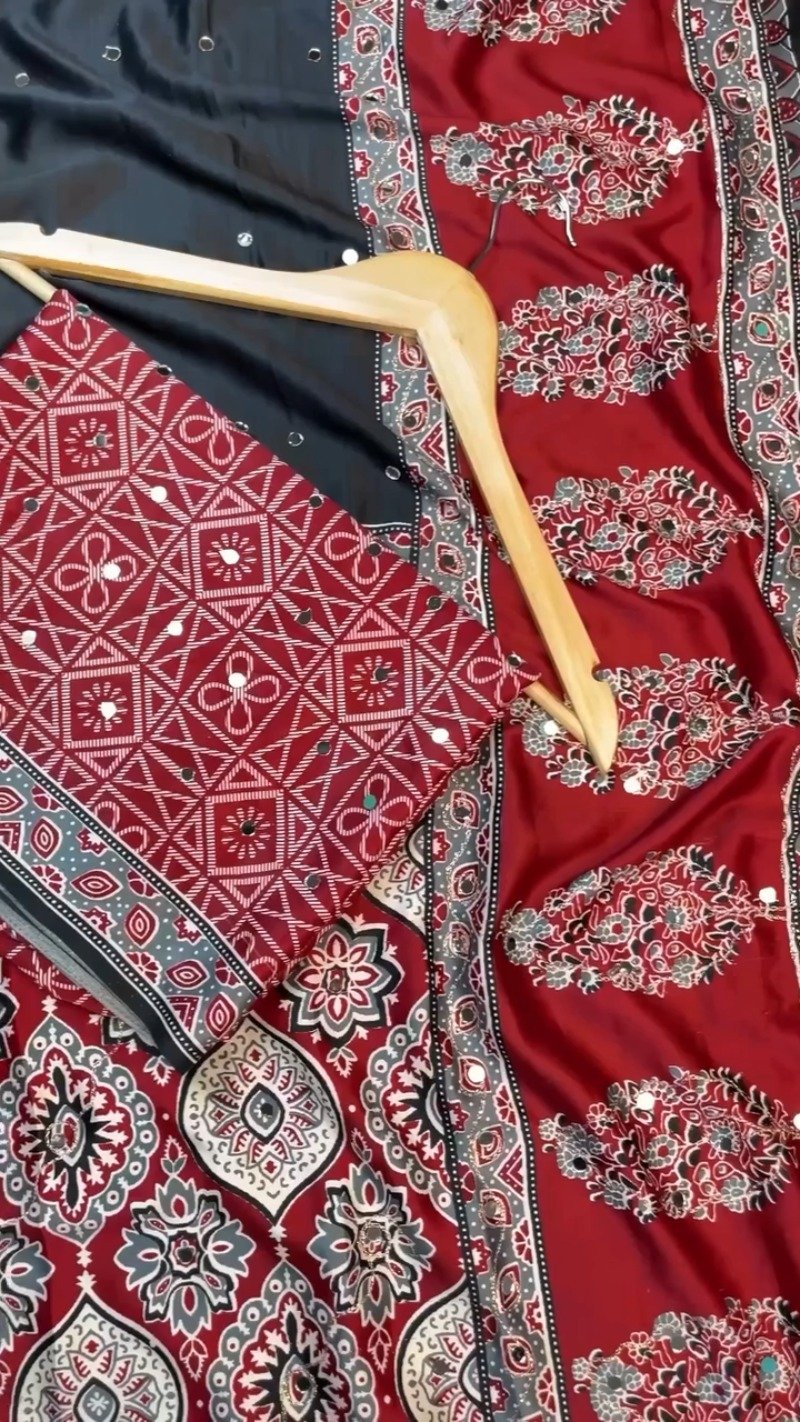 Regal Mirror-Work Ethnic Ensemble in Crimson & Ebony – Available in Dual-Tone Prints