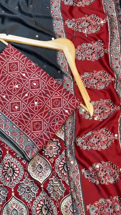 Regal Mirror-Work Ethnic Ensemble in Crimson & Ebony – Available in Dual-Tone Prints