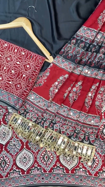 Regal Mirror-Work Ethnic Ensemble in Crimson & Ebony – Available in Dual-Tone Prints