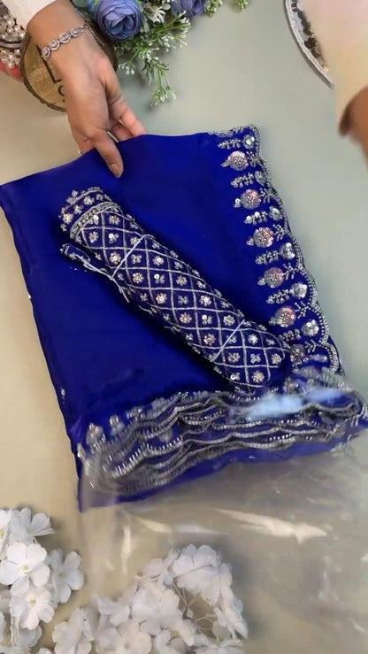 Royal Cobalt Blue Sequined Chiffon Saree with Intricate Border Detail