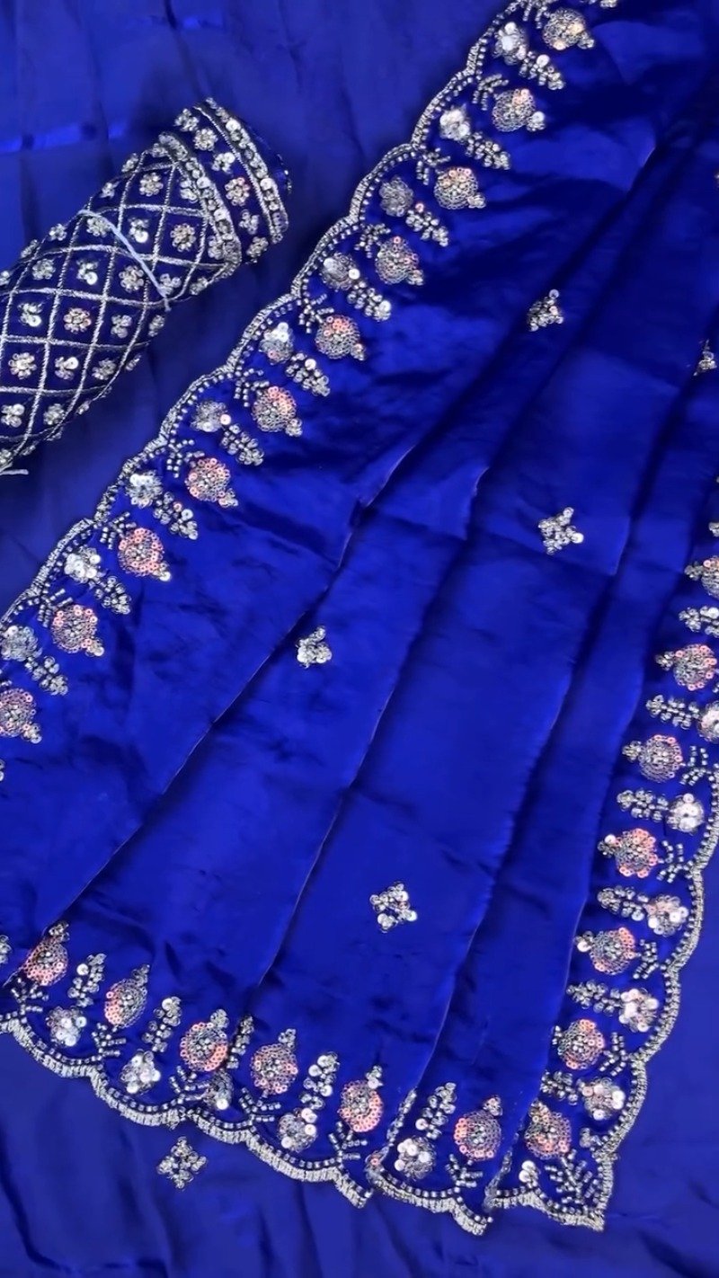 Royal Cobalt Blue Sequined Chiffon Saree with Intricate Border Detail