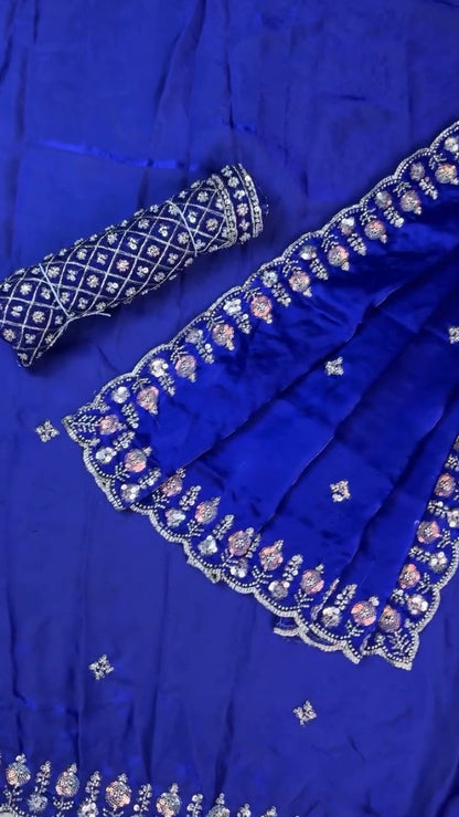 Royal Cobalt Blue Sequined Chiffon Saree with Intricate Border Detail