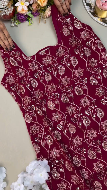 Deep Magenta Floral Thread-Work Kurta Set with Intricate Back Lace-Up Detailing