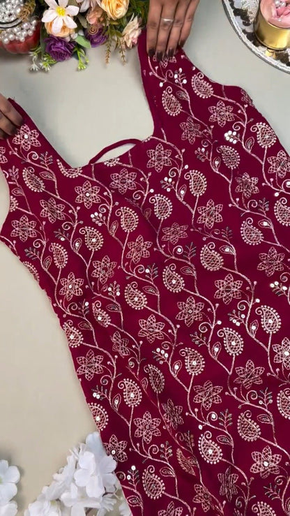 Deep Magenta Floral Thread-Work Kurta Set with Intricate Back Lace-Up Detailing