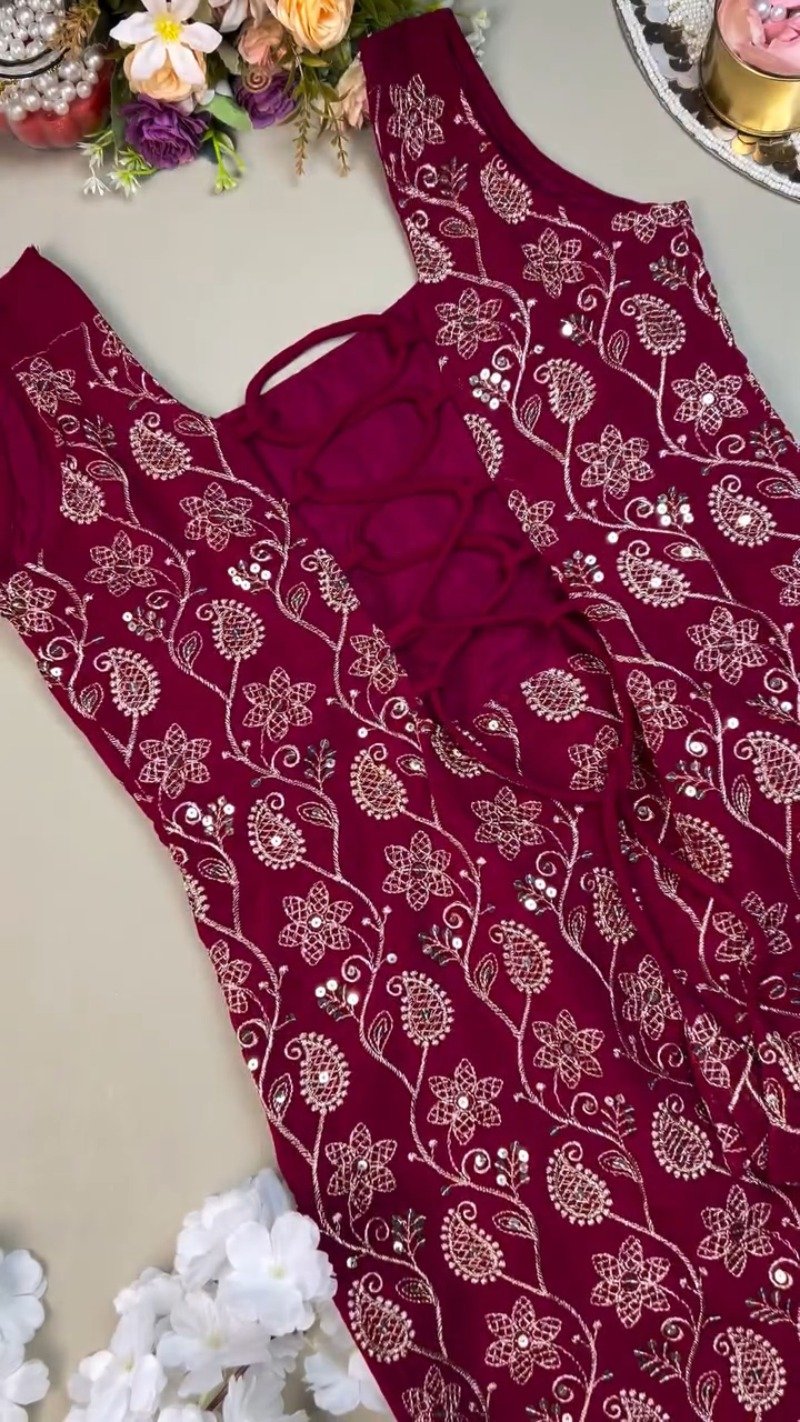Deep Magenta Floral Thread-Work Kurta Set with Intricate Back Lace-Up Detailing