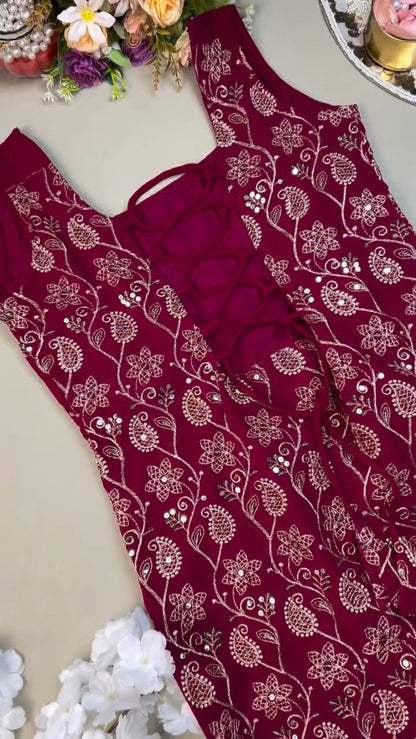 Deep Magenta Floral Thread-Work Kurta Set with Intricate Back Lace-Up Detailing