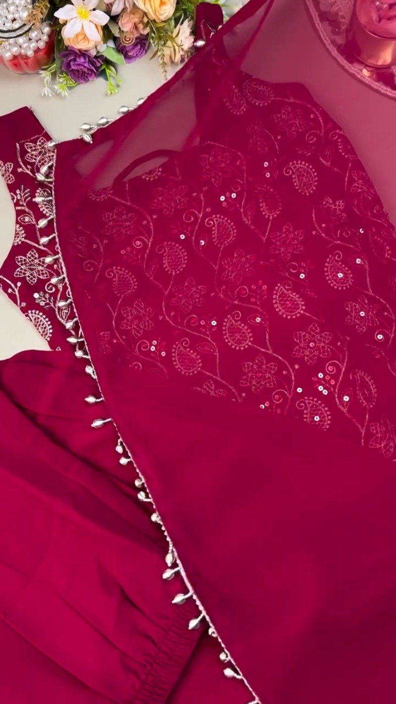 Deep Magenta Floral Thread-Work Kurta Set with Intricate Back Lace-Up Detailing