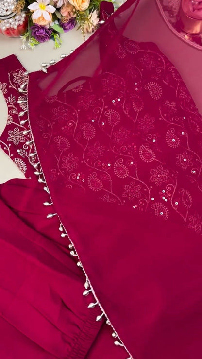 Deep Magenta Floral Thread-Work Kurta Set with Intricate Back Lace-Up Detailing
