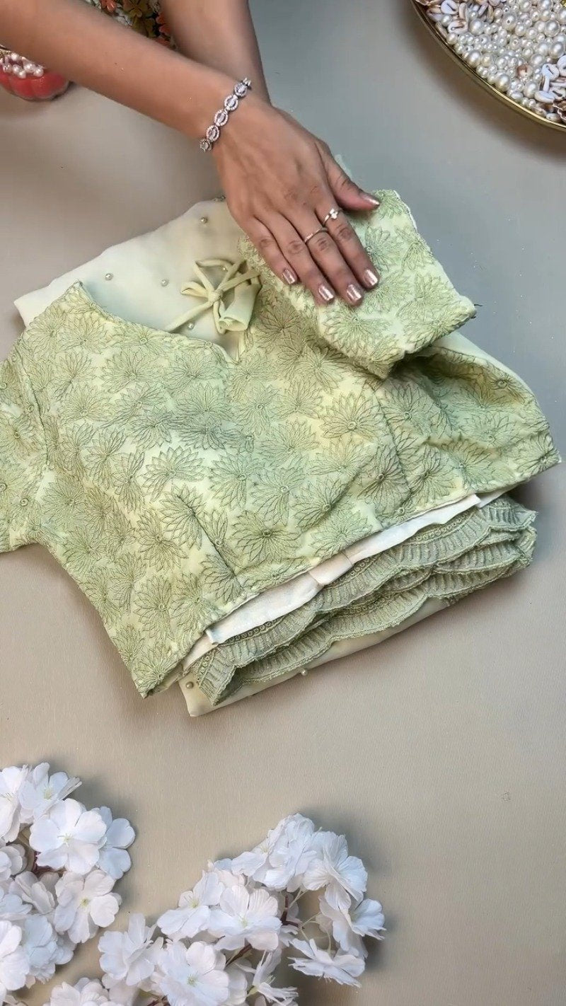 Sage Green Floral Embroidered Saree with Pearl Embellishments